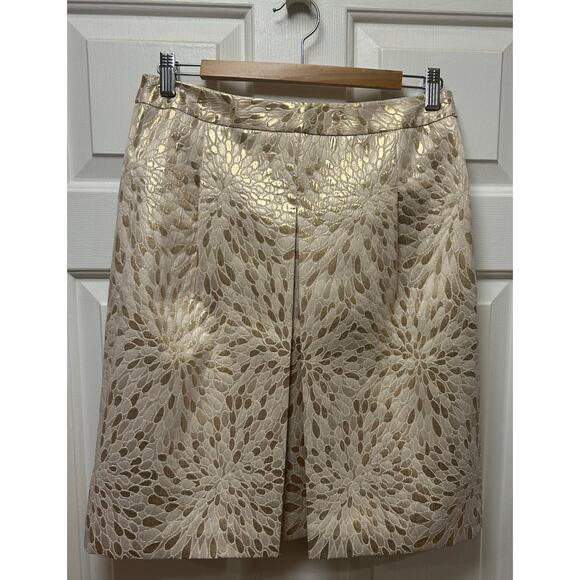 Elegant Gold Floral Brocade Pleated Midi Skirt Statement Piece, Size 6 - Picture 1 of 4